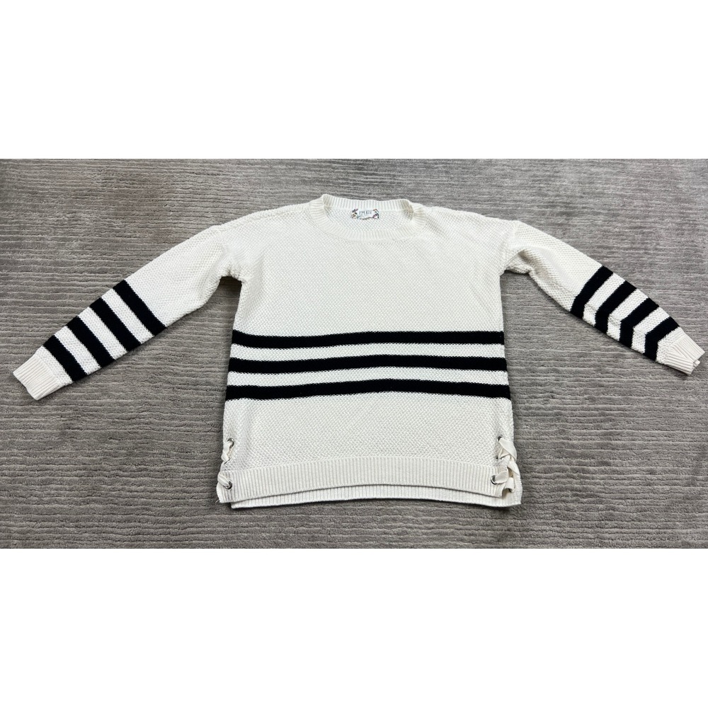 Pink Rose Womens White Black Striped Lace Up Side Knit Sweater PF9S21216BK Med